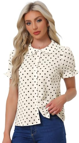 Allegra K Chemise boutonnée à manches bouffantes et col claudine à pois pour femme, beige, L