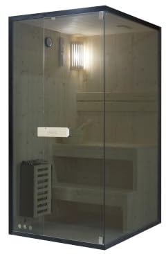 SANOTECHNIK Sauna FALUN S para 1 persona, sauna interior de madera de abeto con estufa Harvia de 3,6 kW, piedras de sauna y accesorios, cristal de seguridad tintado, 100 x 120 x 200 cm