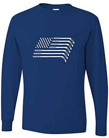 Go All Out Large Royal Adult Hockey Sticks & Pucks American Flag Long Sleeve T-Shirt