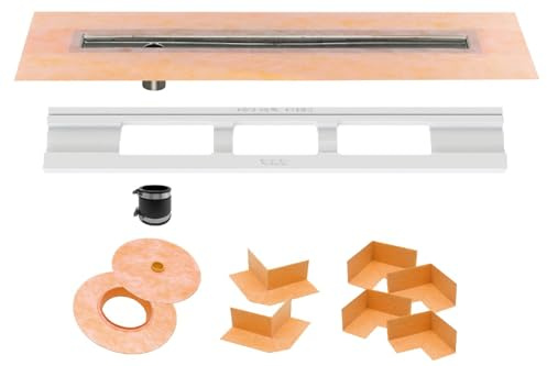 Schluter Kerdi Line Shower Drain with 48 Stainless Steel Channel Body Offset and Waterproof Kerdi Collar - for Showers & Wet Rooms - Off-Set and Center Outlets - KL1VO60E120