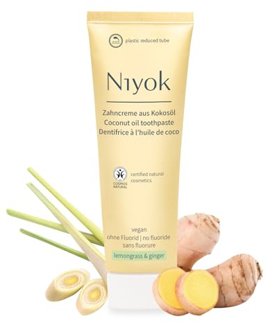 Niyok Tandkräm av ekologisk kokosolja Citrongräs & ingefära (75 ml) • Naturlig tandkräm för vita tänder • Intensiv vård och friskhet • Skyddar tandköttet • Utan fluor och vegan