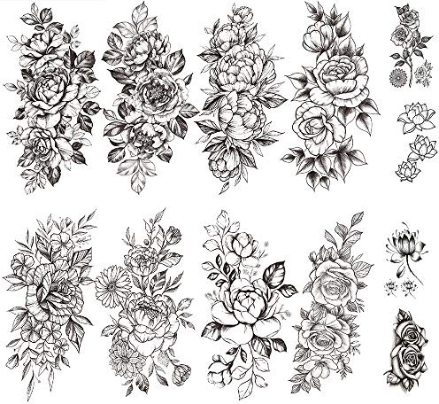Yesallwas 12 fogli Tatuaggi Temporanei del Fiore Nero maniche temporaneo tatuaggio acqua trasferimento tatuaggio adesivo peonia rosa tatuaggio tatuaggio ragazza