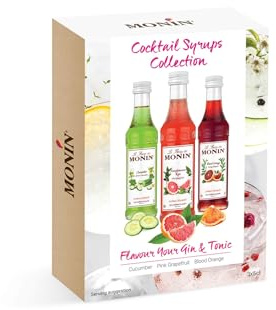 MONIN Premium Cocktail Syrup Gift Set 3x5cl. 1x Cucumber, 1x Pink Grapefruit, 1x Rose Syrup. Gift for Cocktail Lovers: Perfect for Making Flavoured G&Ts, Spritzes and Seltzers at Home
