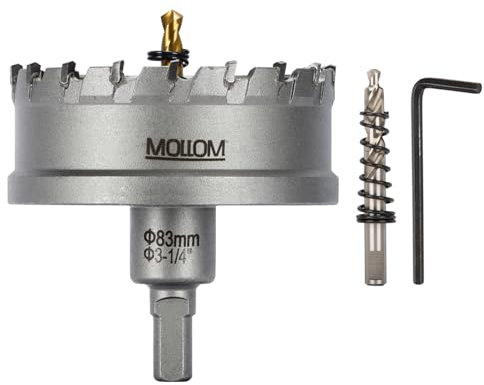Mollom (83mm | 3-1/4'') Heavy Duty Carbide Hole Saw with 2 Pilot Drill Bits, Hole Cutter cuts Stainless Steel, mild Steel, Iron, Copper, Brass, Plastic