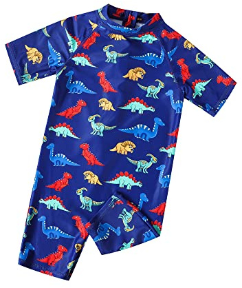 Ewbob Boy Swimsuit Sun Protection Short Sleeve Bathing Suit Kids Dinosaurs All in One Piece Swimwear Ages 18 Months to 6 Years Swim Costume for Swimming Lessons, Beach and Pool,C1-002,5-6Y