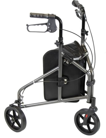 NRS Healthcare 3 Wheel Aluminium Ultra Lightweight 4.5kg (9.9lbs) Rollator Walking Aid with Bag & Lockable Brakes, Folding & Height Adjustable Walker, – Dark Silver