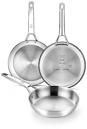 BRA Signature Set 3 Sartenes 20-24-26, Acero Inox 18/10 Profesional Sin Antiadherente, Triple Fondo Difusor Apto Todo Tipo De Cocinas E Inducción, Acabado Pulido