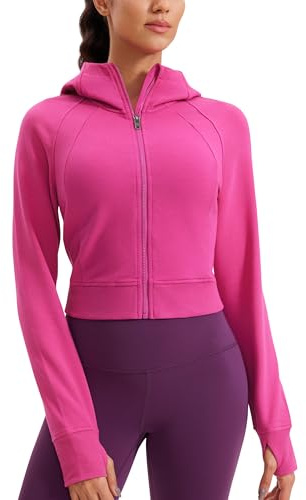 CRZ YOGA Dam huvtröja med full dragkedja jacka cropped running zip up löparjacka träning sport sweatjacka med tumhål, Hibiskus lila, 44