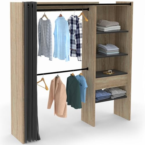IDMarket - Dressing extensible MARTY 120/170 x 50 x 180 cm hêtre avec étagères + double penderie + rideau noir