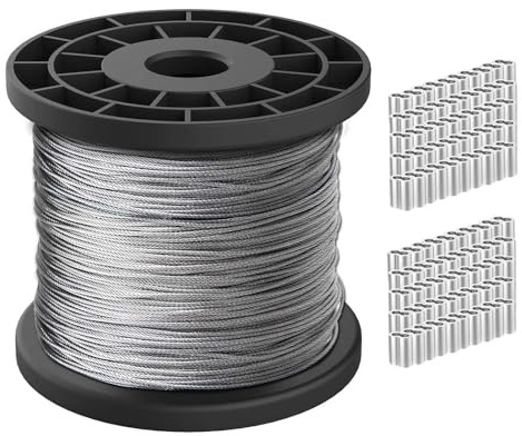 Cavo Metallico 1/16,Fune Metallica in Acciaio Inossidabile 304,Lunghezza 50m 167 KG Resistenza Alla Rottura con Manicotto di Dibbia di Pinze a Crimpare in Alluminio 100 Pezzi
