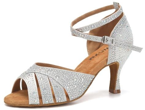 SWDZM Chaussures de Danse Latine Femme Strass Bout Ouvert Talon Haut de Salon Bachata Salsa,Argent,Talon 7.5cm,Semelle en Daim,EU 42