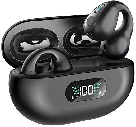 Anybay Auriculares Inalambricos, Ear-Clip de Oreja Abierta inalámbrica Auriculares, Tapones Abiertos para Correr, Pantalla LED, Calidad HiFi Bluetooth 5.3 Auriculares conducción ósea