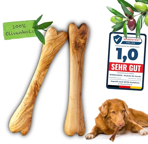 Wünschwas Olivenholz-Kauspielzeug Hunde – 100% natürliches Kauholz. Holzknochen zur Zahnpflege, Robustes Hundespielzeug kleine Hunde, S (2 Stück)