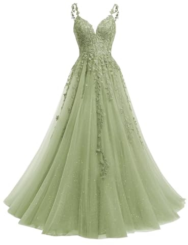 Beyonddress Abito da Sera con Paillettes in Tulle, Lungo, Ballo, con Applicazioni in Pizzo, Scollo a V, Abito da Cerimonia per Donne, Abito da Festa, Verde salvia, 44