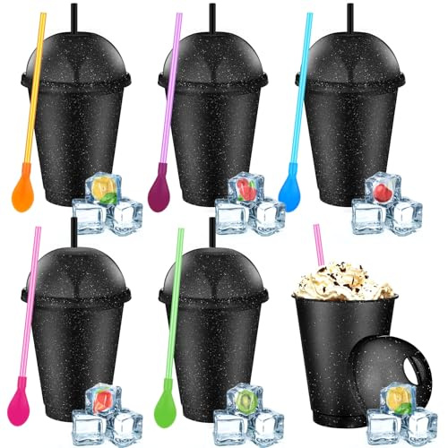 Ninehaoou 6 Set 16 oz Slushie Cups with Lid Straw, Black, 16 oz