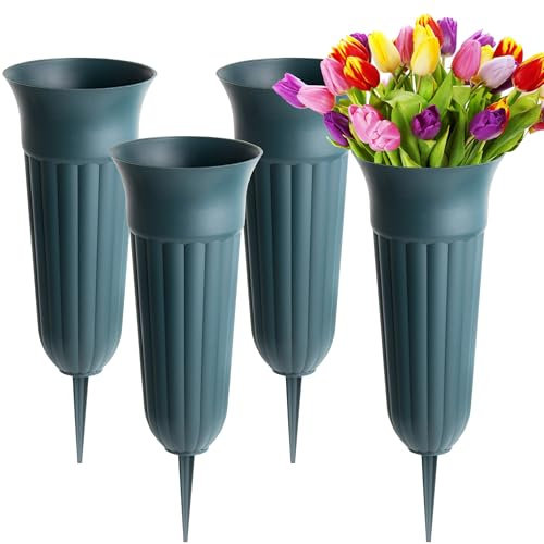 QCYFJZFU Lot de 4 grands vases de cimetière avec piquet à planter pour accueillir des bouquets de fleurs - En plastique épais - Décoration funéraire (31 x 10,6 cm)