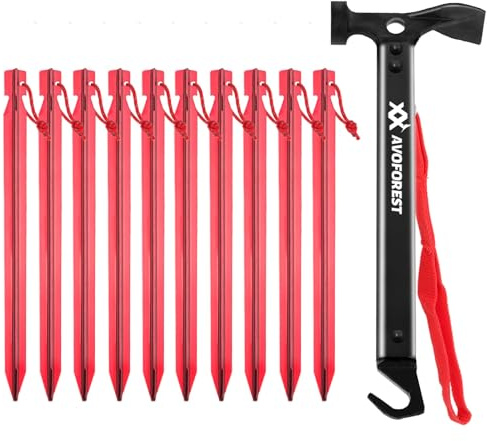 Martello da campeggio con 10 PEZZI di picchetti per tenda, Martello in alluminio, Martello da campeggio all'aperto, Martello multifunzione per picchetti per tenda con sacca di stoccaggio (Rosso)