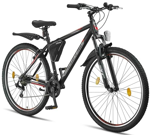 Licorne Bike Guide Premium Bicicleta de montaña de 29 pulgadas, horquilla de suspensión MTB con frenos de disco, calidad alemana, para jóvenes y adultos (negro/rojo)