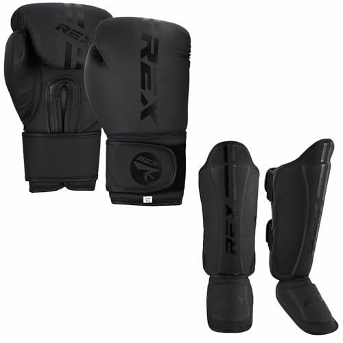 Rex Boxing Gloves, Pro Training Sparring Shin Guards for Kickboxing, Muay Thai, MMA and Training Pads and gloves set, Boxing shin pad Matt Black (Gloves Size 16 oz, Shin Size XL)