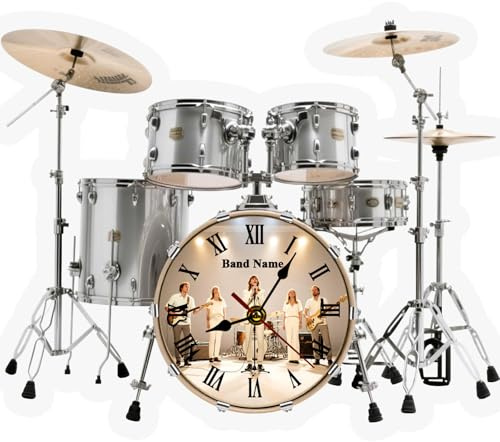 HSAEANZL Reloj de pared personalizable con banda de foto y nombre, reloj de tambor conmemorativo de banda de rock, material acrílico, diseño plano, 10-16 pulgadas, adecuado para colgar salas de música