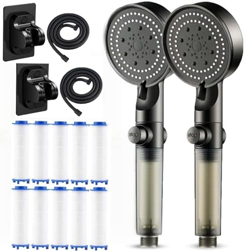 Filter Pressurized Shower Head with 5 Spray Modes & Hose Kit, High Pressure Filtered Showerhead with Handheld, Built-in Power Wash for Hard Water (2*pcs Head+10 Filters+2 * 1.5m Hose+2*Base)