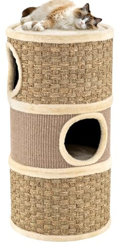 SOARS Tonneau à Gratter pour Chat 70 cm, Tour Arbre à Chat 4 Niveaux avec 3 Grottes et Surface Griffoir en Sisal, Niche Intérieure Stable Ø36, Marron et Naturel