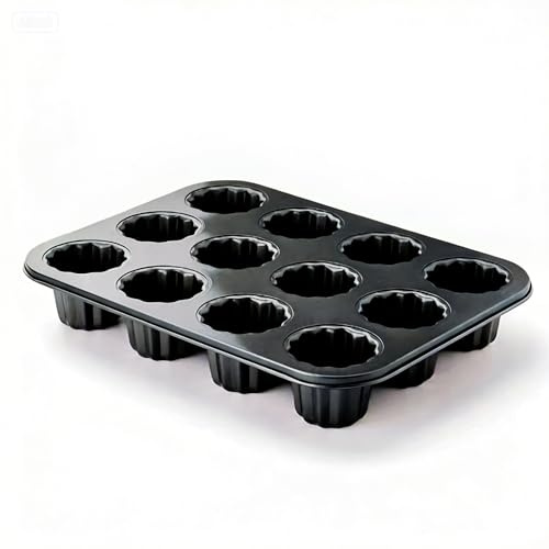 Ponixa Cannele Moldes Antiadherentes para Magdalenas Canneles Dorados, Bandeja para Hornear de Acero al Carbono (12 Cavity Black)
