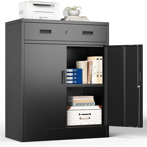 Metal Storage Cabinet, 90cm Locking Storage Cabinet with Doors, Steel Storage Cabinet with 1 Drawer and Adjustable Shelf for Garage, Home, Office, Utility Room, Assembly Required(Black, 90 * 70 * 40)