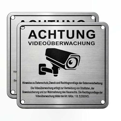 2 Stück Schild Videoüberwachung Privatgrundstück, 10x10cm Achtung Videoüberwachung Schild, Aluminium Schilder Gebürstet mit DSGVO Hinweis, Selbstklebend für Privatgrundstück Innen und Außenbereich