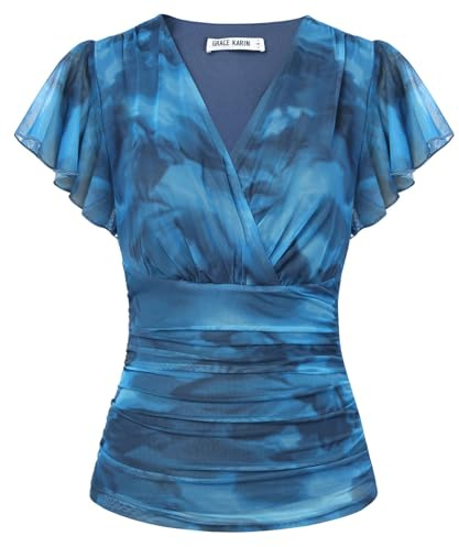 GRACE KARIN Blusar för kvinnor, blommiga boho-toppar, kort volang, ärm, tunika, blus, vår, sommar, gå ut, toppar