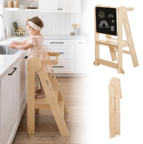 Toddler Learning Tower Foldable, Standing Tower 3-Level Adjustable Height