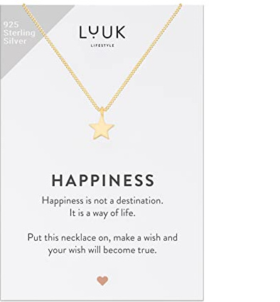 LUUK LIFESTYLE Halskette aus 925er Silber mit Stern Anhänger und HAPPINESS Spruchkarte, alltagstauglicher und strapazierfähiger Schmuck, Glücks & Hoffnungssymbol, Gold