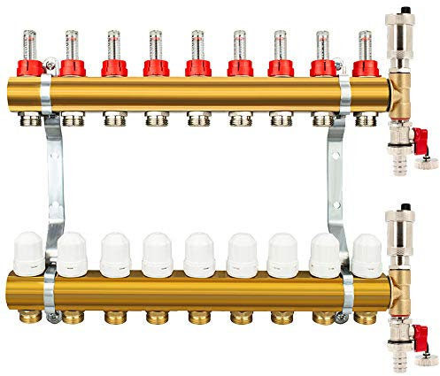 Millto™ Messing Heizkreisverteiler Fußbodenheizung 9 Heizkreise | Verteiler Entlüftungsset Automatische Entlüftung Flowmeter Thermostatventil