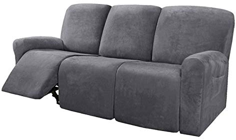 Honeyhouse Dicke Samt Sofabezüge 3-Sitzer,Super Stretch rutschfeste Couchbezug 8-Teiliges Set, Elastische Möbel Protector Plüsch Sofa Schonbezüge mit Armlehne(Grau)