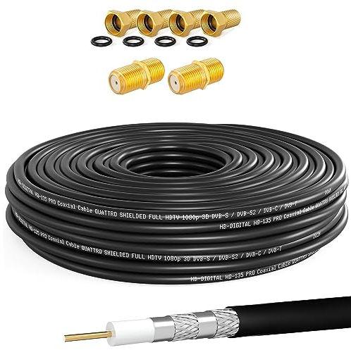 hb-digital Câble coaxial 15m SAT HQ135 PRO incl. 2X connecteur F + 4X connecteur F plaqué | Câble d'antenne satellite quadruple blindé pour systèmes DVB-S/S2 DVB-C/C2 DVB-T/T2 DAB+Radio BK