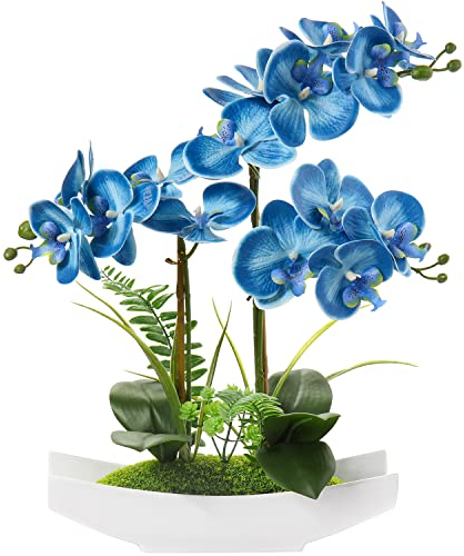 Briful Artificial Orchid Flower Fake Plant Silk Phalaenopsis Flower Arrangement Fake Plastic Flowers in White Ceramic Pot for Home Office Wedding Decoration (Blue, 16 Three Stems)