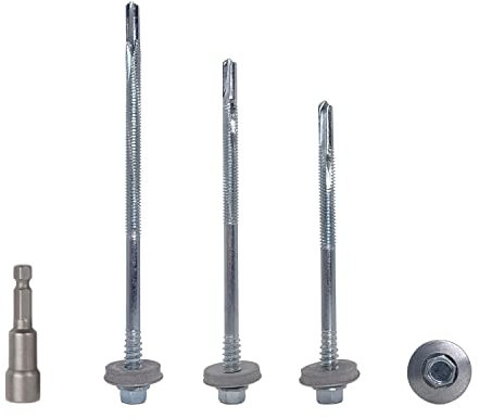 Paquete de 8 tornillos autoperforantes de cabeza hexagonal de acero al carbono de 5,5 x 200 mm con arandelas EPDM para fijar paneles sándwich (8, 5,5 x 200 mm)