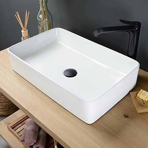 WOHNFREUDEN 60 cm Eckig Keramik Waschbecken - Weiß Stein Aufsatzwaschbecken für Badezimmer