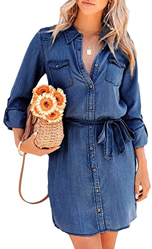 Siyova Robe Décontractée Femme à Manches Longues Robe Jeans Femme de Couleur Unie avec Revers et Ceinture Robe Courte Femme Élégante Automne Printemps, bleu foncé, L