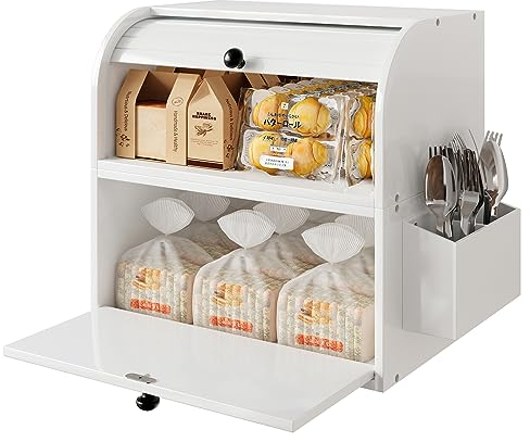 TQVAI Portapane Legno, Porta Pane da Cucina in Bambù Contenitore Grande 2 Ripian Capacità con Coperchio Arrotolabile Cestino per Posate, Bianco, 37,98 x 24,9 x 36,06CM(L*P*A)