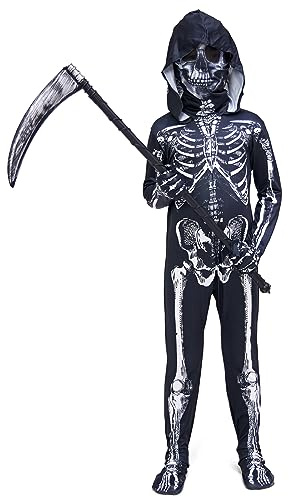 ZUCOS Combinaison Squelette 3D Unisexe Enfant Costume Halloween Combinaison Intégrale avec Os, Masque et Faucille (Noir, 7-9 ans)