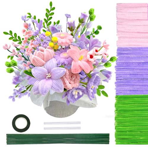 TOAOB 200 Pezzi Scovolini Ciniglia Colorati Set in Rosa e Viola Pipe Cleaner con Stelo Filo Floreale e Nastro Floreale di Carta per Rose Fai da Te Decorativi Artigianato