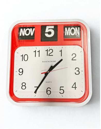 Ravencourt Large Flip Calendar Wall Clock, Red