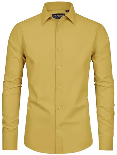 siliteelon Mens Shirts Long Sleeve Dress Formal Yellow Shirts Stretch Wrinkle Free Work Business Casual Party Shirts M