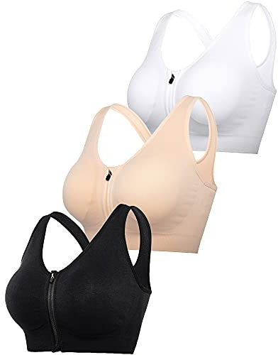 DODOING Zip Front Sports Bra Post Surgery Bra Yoga Bra Workout Fitness Activewear Racerback Padded Bras for Women（3PCS）