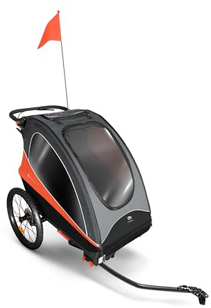 Kinderkraft NAVA 3in1, Kinderwagen, Laufwagen und Fahrradanhänger, für ein oder zwei Kinder (bis 44 kg), Sonnenschutz, zwei unabhängige Bremsen, Aluminiumrahmen, leicht zu falten,Orange