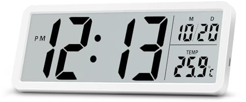 Lafocuse 8.5 Horloge Murale Numérique à Piles, LCD Grande Chiffre Horloge de Bureau Digitale avec Température, Date, 12/24H, Pendule Murale pour Salon Chambre Bureau Cuisine, Blanc