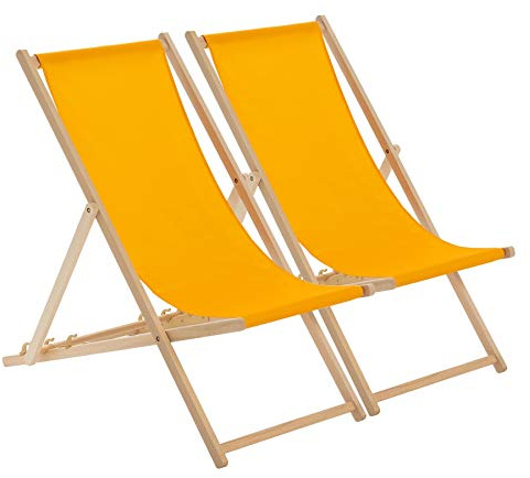 Foldable Wooden Deck Chair - Mustard Yellow, Adult Size - Outdoor Sun Lounger for Garden, Patio, Beach, Camping - Pack of 2 (Orange)