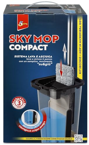 SUPERFIVE Sky Mop Kit Lavapavimenti Compatto con Mop Microfibra 100% Frangia Piatta, Sistema Lava e Asciuga, Secchio Salvaspazio, Pulizia Rapida Senza Aloni