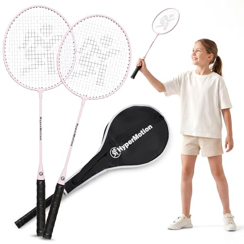 HyperMotion Badminton Sport Rose Racket 66 x 20 cm, set med 2 i aluminium, med Oxford-skydd och justerbar rem, 0,75 kg, nybörjarnivå, från 10 år